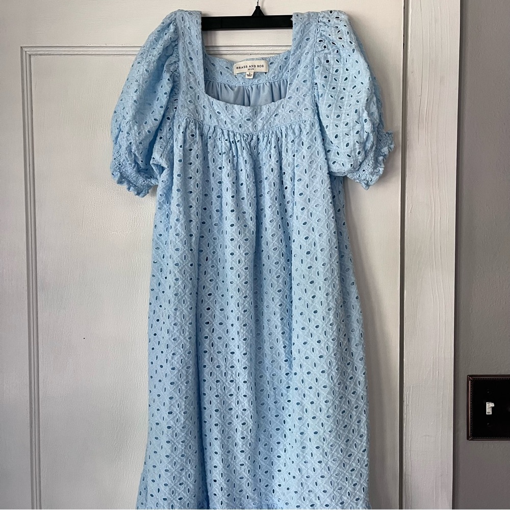Light Blue Eyelet Puff-Sleeve Midi Dress